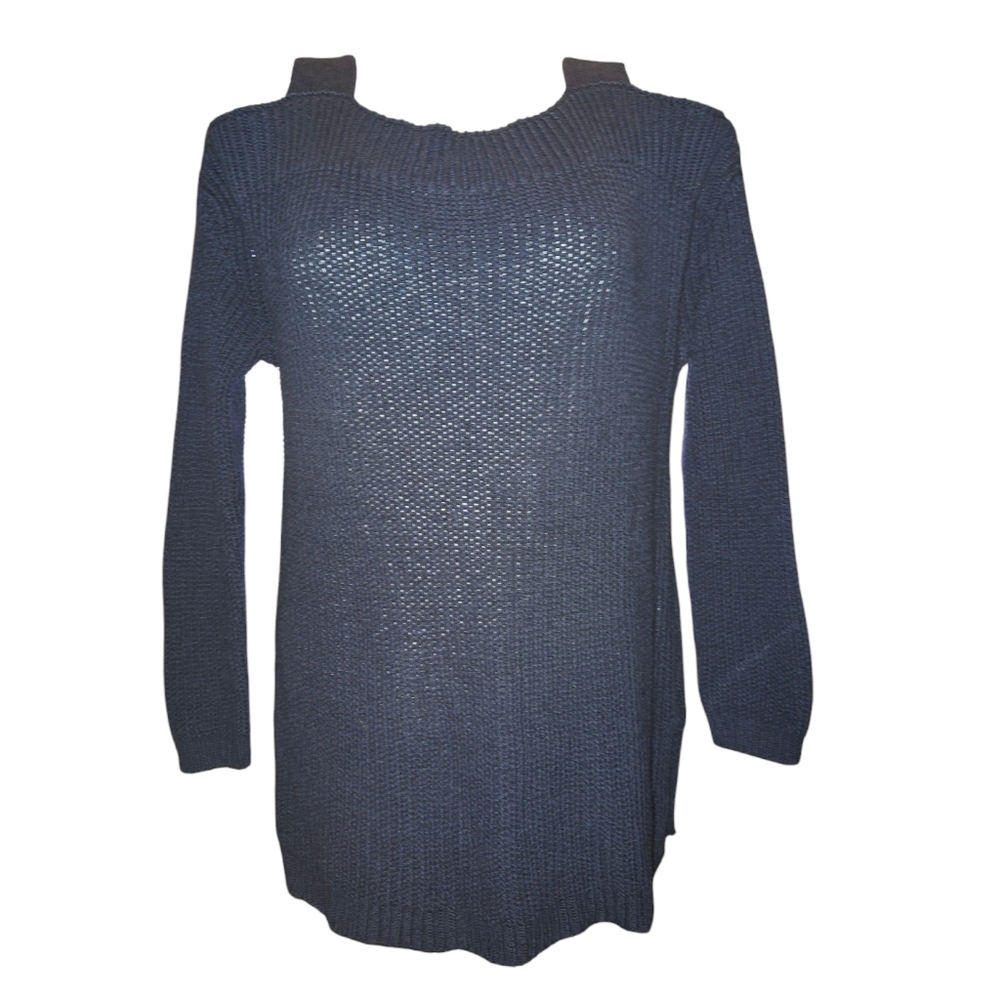 Soft Surroundings Navy Loose Knit Cotton Linen Blend Cold Shoulder Sweater Sz L